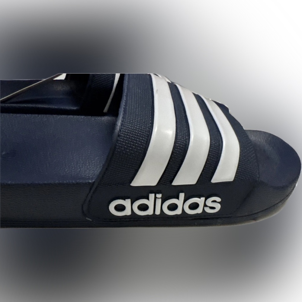 NWT size 13 Adidas adilette shower Dark Blue Slides with White Stripes - Picture 2 of 5
